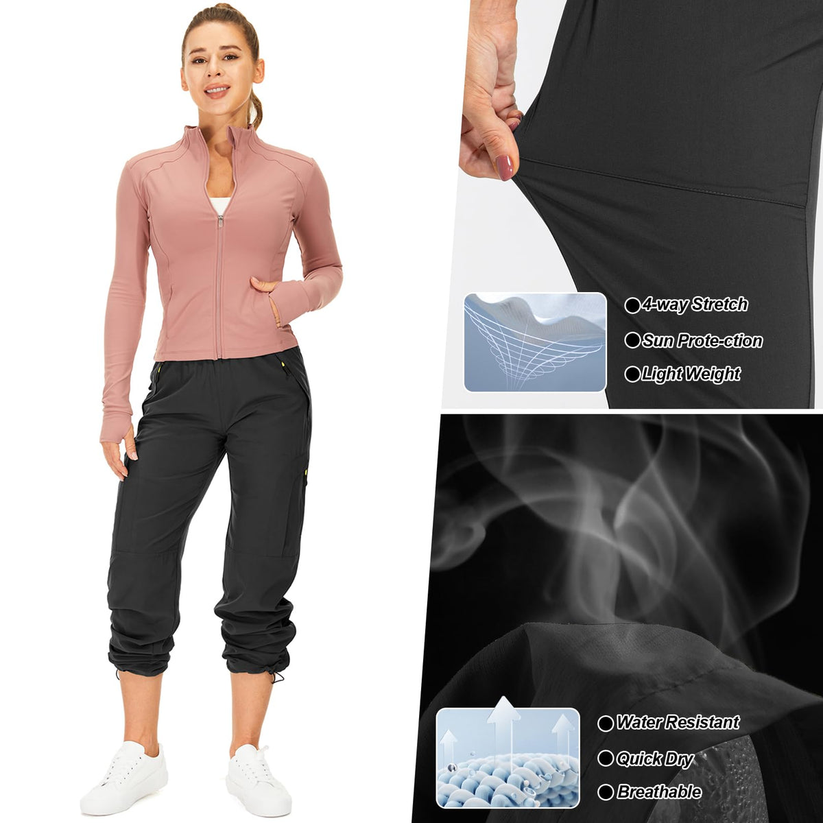 Toomett Women's Hiking Pants Quick Dry UPF 50 Travel Golf Safari Running Lightweight Camping Work Cargo Pants Zipper Pockets,6608,Black,M