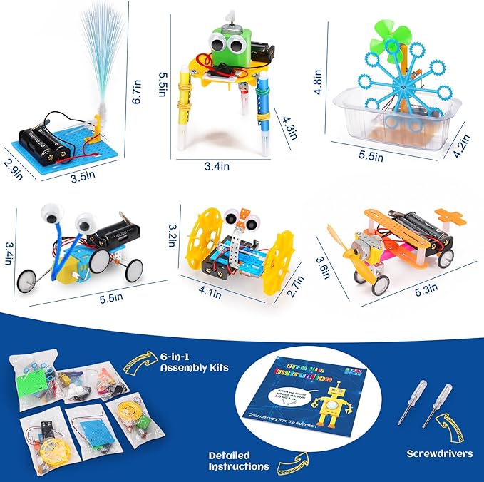 STEM Robotics Kit 6 Set Science Experiments Project Activities Toys for Kids 4-8 8-12 Engineering Building Electronic Motor Robot Kid Craft Boy Girl 5 6 7 8 9 10 12 Year Old Outdoor Toy