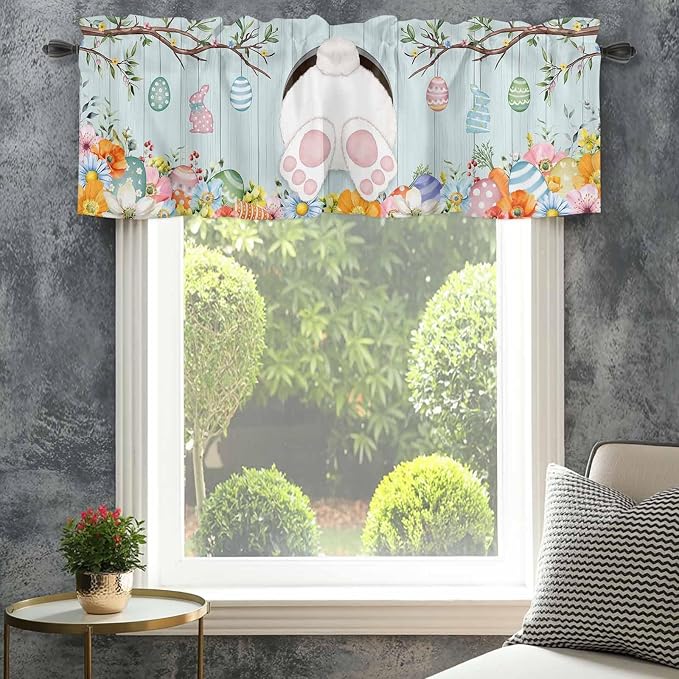Easter Bunny Curtain Valances for Windows, Kitchen Valance Window Treatment