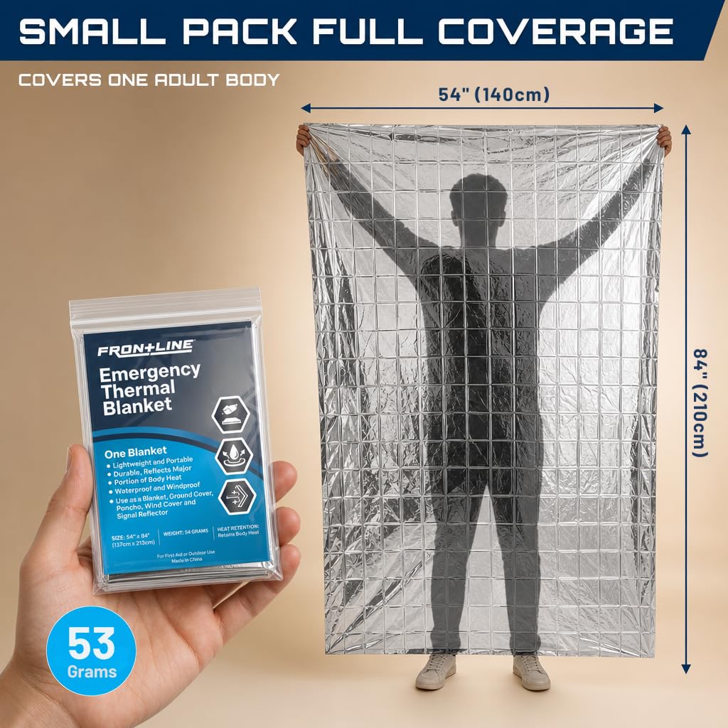 FRONTLINE Mylar Emergency Blankets 54" x 84" | Lightweight Thermal Survival Space Blanket, Waterproof & Windproof Foil Blanket for Camping, Hiking, First Aid & Disaster Preparedness (4)