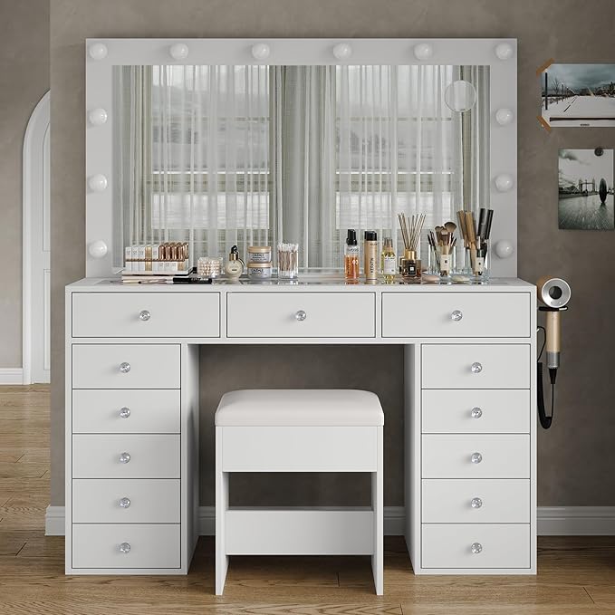 Makeup Vanity with Charging Station, 13 Drawers Vanity Desk with 12 LED Bulbs and HD Mirror, 3 Color Brightness Adjustable, Glass Top, Vanity Set for Bedroom (White)