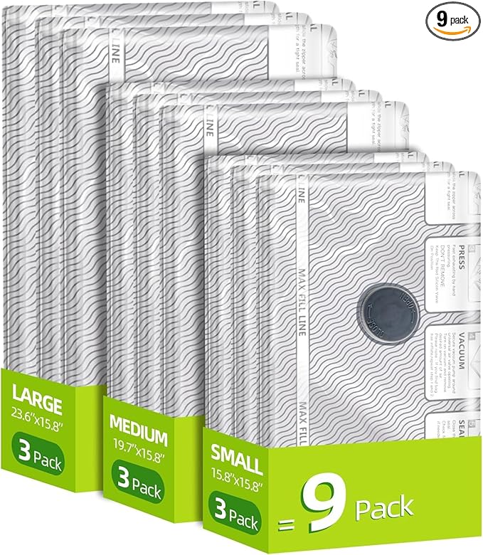 Travel Vacuum Storage Bags, 9 Pack Carry-On Size for Luggage and Suitcase, Vacuum Storage Bags, Vacuum for Bags Storage, Space Saver for Clothes & Clothing - 80% Space Saver(No pump)