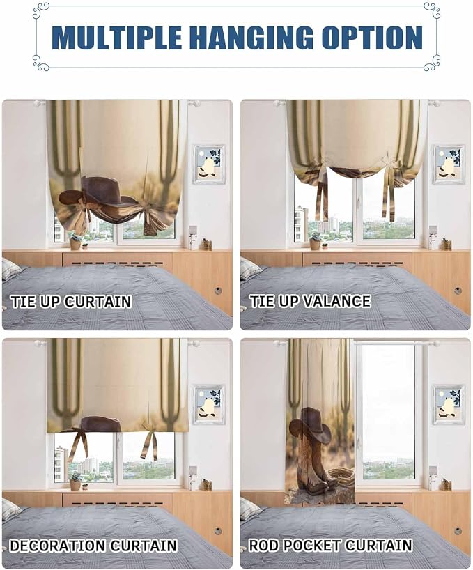 Tie Up Curtains for Windows, Cowboy Western Adjustable Balloon Nature Linen