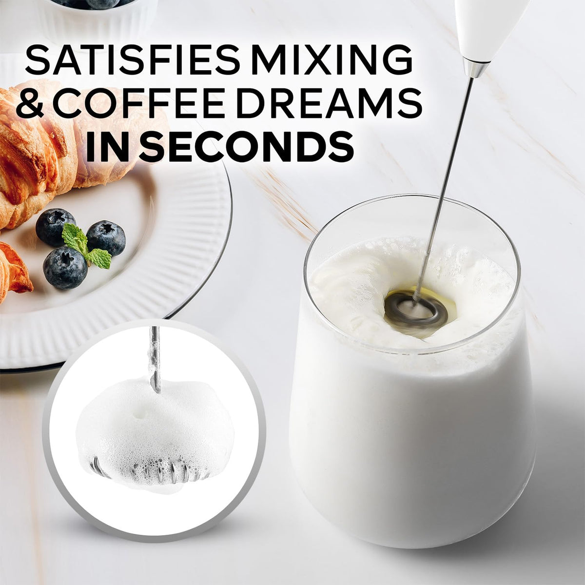 Zulay Kitchen Powerful Milk Frother Wand With Duracell Batteries - Ultra Fast Handheld Drink Mixer - Electric Whisk Foam Maker for Coffee, Lattes, Cappuccino & Matcha - Z1 Motor - Aqua