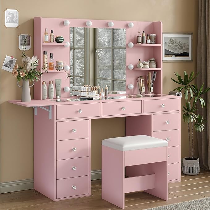 Vanity Desk with Power Outlet, 11 Drawers Makeup Vanity with Lighted Mirror, 3 Colors Adjustable, Glass Top Vanity with Chair, 4 Shelves and Fold-up Panel, Dressing Table for Bedroom, Pink