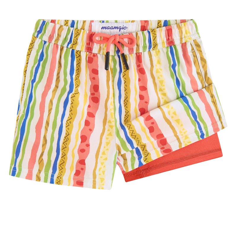 maamgic Boys Swim Trunks with Compression Liner Toddler Stretch Swim Shorts Quick Dry Swimming Trunks Boxer Brief 2 in 1 Beach Shorts Playful Stripes 4T