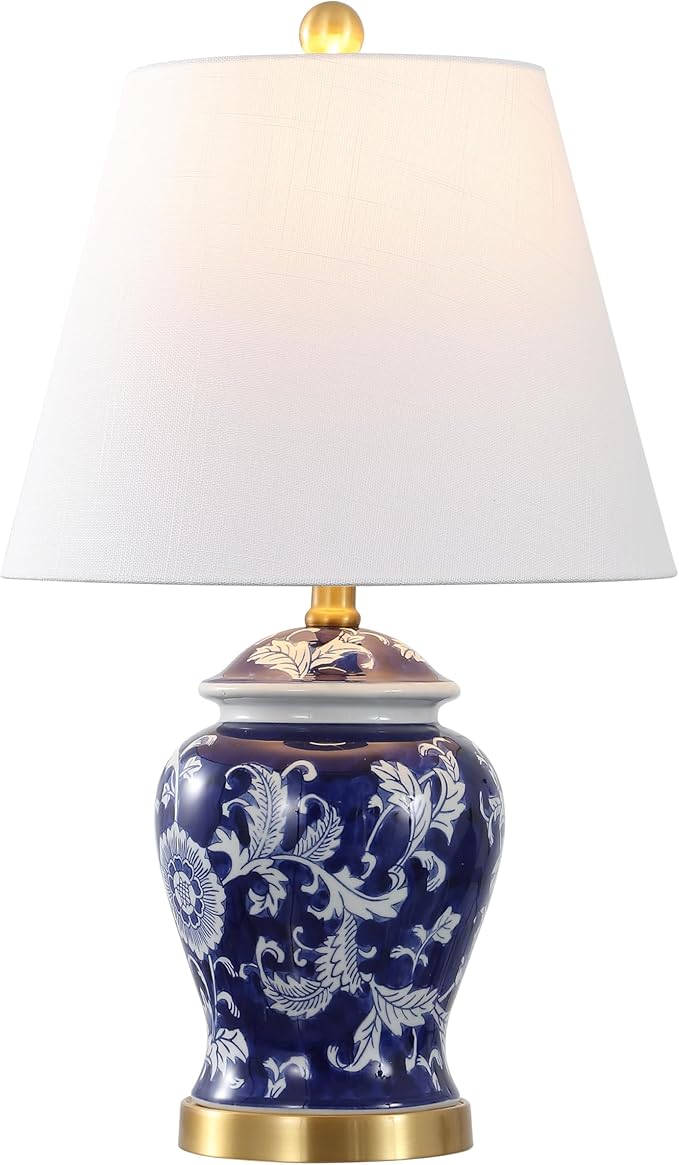 JONATHAN Y 22" Navy/White Ceramic Table Lamp, French Country Chinoiserie Ginger Jar LED Bedside Lamp for Living Room Bedroom, White Linen Shade (JYL3005D)