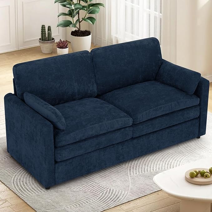 3 Pieces Chenille Sofa Set w/Arm Pillows, Upholstered Loveseat & 2 Pieces 3 Seater Sofa w/Comfortable Back Cushions, Modern 2-Seat & 3-Seat w/High-Density Foam for Living Room, Blue