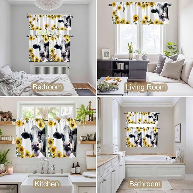 Kitchen Curtains Tiers and Valance Set of 3, Cow Sunflowers Light Filtering