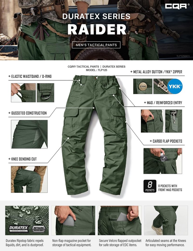 CQR Men's Tactical Pants, Water Resistant Ripstop Cargo Pants, Lightweight EDC Work Hiking Pants, Outdoor Apparel, Raider Mag Green Kelp, 42W x 32L