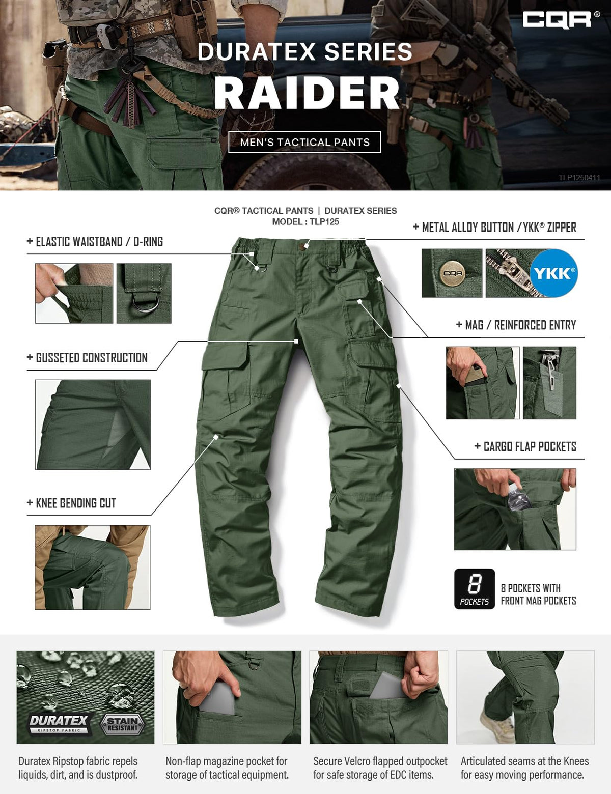 CQR Men's Tactical Pants, Water Resistant Ripstop Cargo Pants, Lightweight EDC Work Hiking Pants, Outdoor Apparel, Raider Mag Green Kelp, 46W x 30L