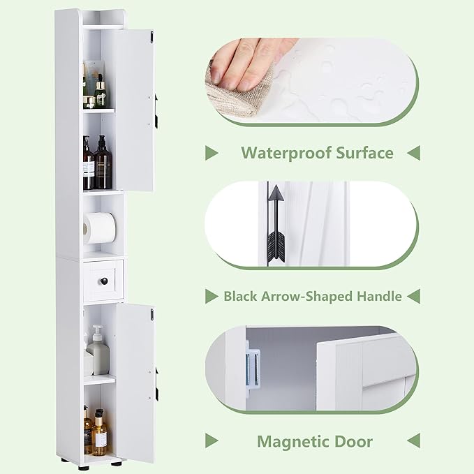 VECELO Tall Narrow Storage Cabinet with Adjustable Shelves, Slim Freestanding Bathroom Cabinet with Toilet Paper Holder, 2 Magnetic Doors & Drawer, for Small Spaces, 7.9" D x 7.9" W x 67" H, White