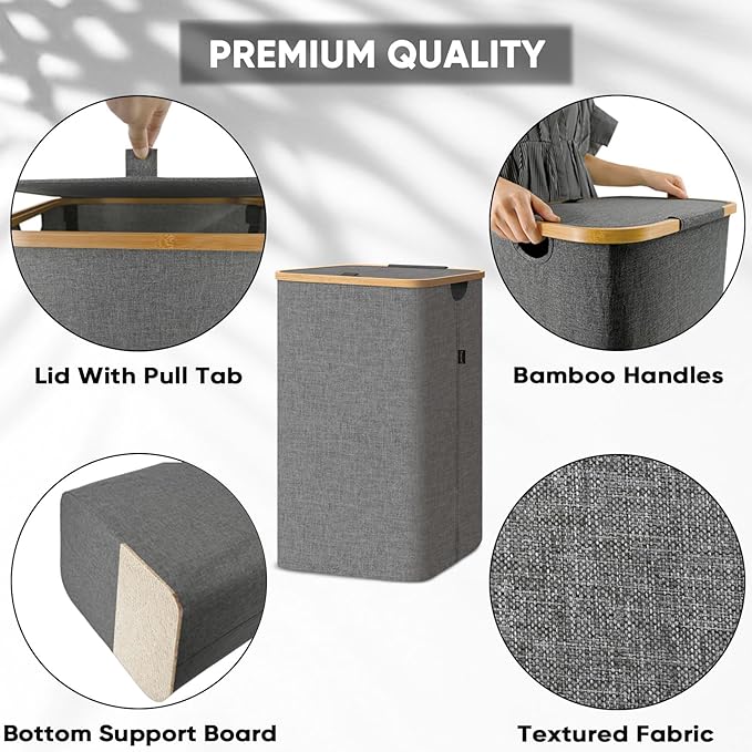 BALEINE Laundry Hamper with Lid, Tall Laundry Baskets with Bamboo Pull Handles, Large Laundry Bin with Internal Support (26Gal/100L, Carbon Black)