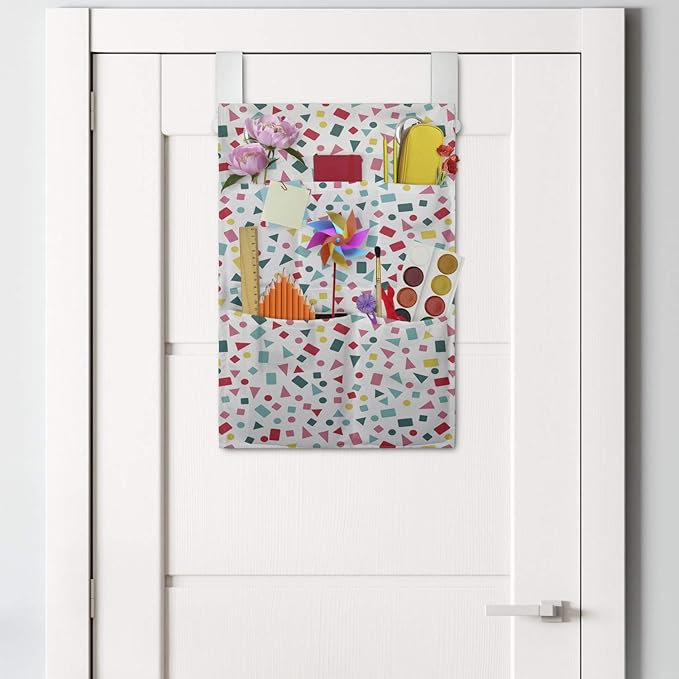 Ambesonne Geometric Hanging Pocket Organizer, Layout of Scattered Geometric Mini Colorful Shapes on a Plain Background, Printed Polyester Storage Bag with Pockets, 14" x 20", White Multicolor
