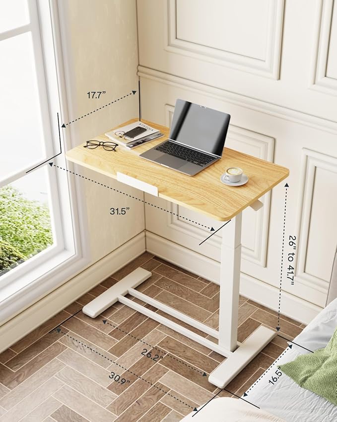 FLEXISPOT H7 PRO Mobile Standing Desk Adjustable Overbed Table Pneumatic with Wheels 90°Tiltable Portable Laptop Desk Rolling Computer Cart Foldable Bedside Table(31.5" W x 17.7" D D, Maple)