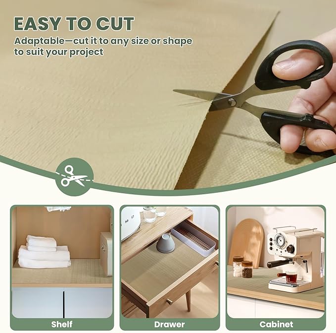 Drawer Liner and Shelf Liner for Kitchen Cabinet Liner Non-Adhesive Non-Slip Shelf Paper, Thick Strong Grip Waterproof Easy to Clean for Shelves, Cupboard, Desks, Khaki, 12 in x 10 FT