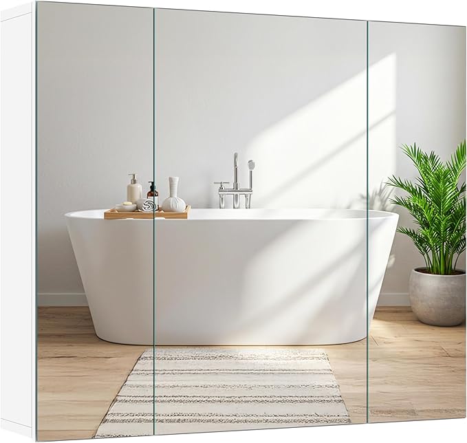 Yaheetech Bathroom Mirror Cabinet with 3 Doors, Wall Mounted Medicine Cabinet with Adjustable Shelf, Storage Cupboard for Living Room, Laundry Room, Mudroom, White