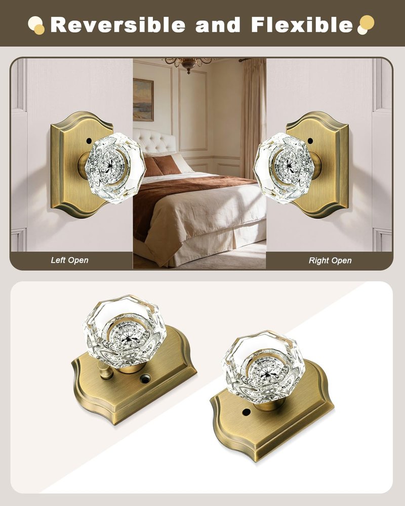 Gobrico Transparent Glass Door Knobset Interior,Privacy Diamond Crystal Door Lockset in Antique Brass,Keyless for Interior Bath/Bed,Push Pin Button Inside Lock?1 Pack