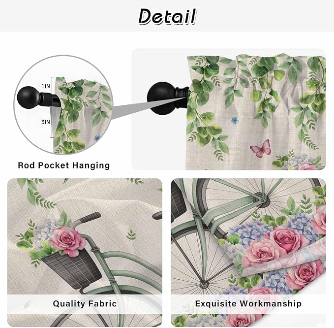 Farmhouse Spring Kitchen Curtains, Retro Bicycles Flowers Vines Butterfly Light