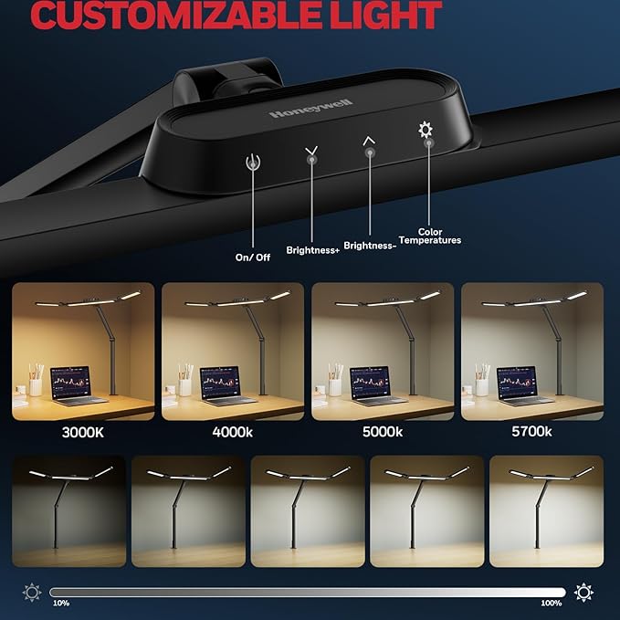 Honeywell LED Desk Lamp with Clamp - HJ3B Sunturalux Eye-Caring Desk Light for Home Office, 22W Ultra Bright 3-Section Adjustable Task Lamp with Stepless Dimming for Dual Monitor Lighting