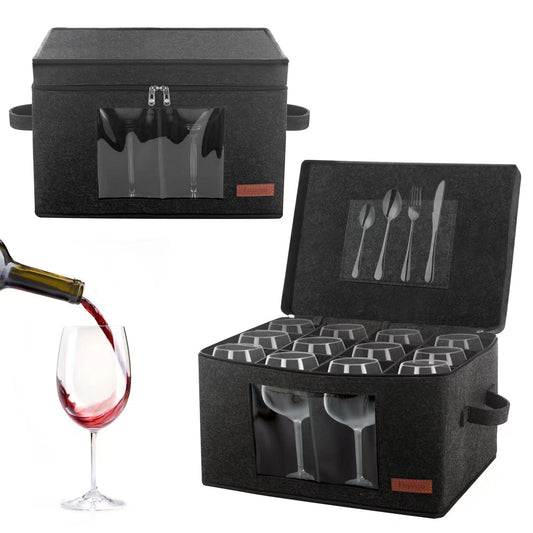 Foyego 2 Pack Wine Glass Storage Box with Dividers, Stemware Storage Containers for Packing and Moving, China Storage Containers Box for 12 Crystal Glassware, Wine Glasses, Drinkware,Dark Gray