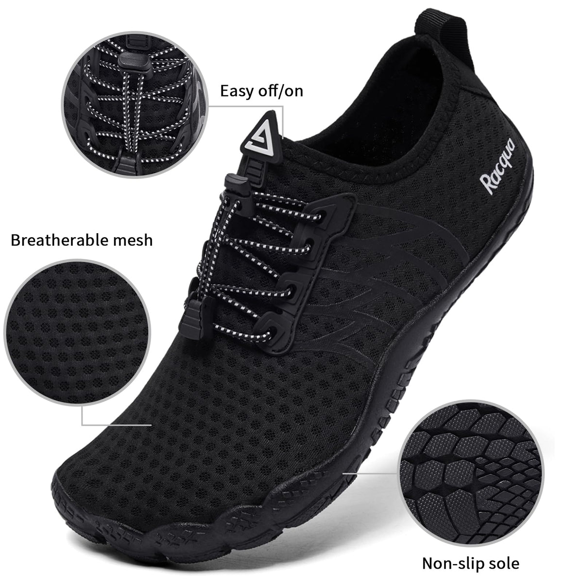 Racqua Water Shoes Lightweight Quick-Dry Swim Shoes Breathable Beach Shoes Barefoot Aqua Outdoor for Men Women Black 11 Women/10 Men