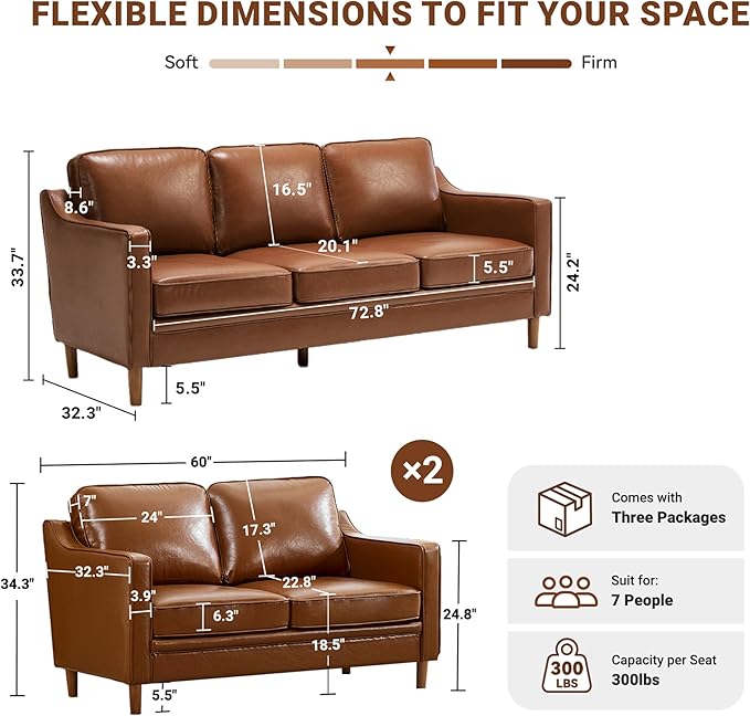 Kingfun Living Room Furniture Sets, Armchair and 2 Loveseat, Mid Century Modern Sofa Set, Faux Leather Couch with Solid Wood Frame for Living Room & Bedroom, Dark Brown