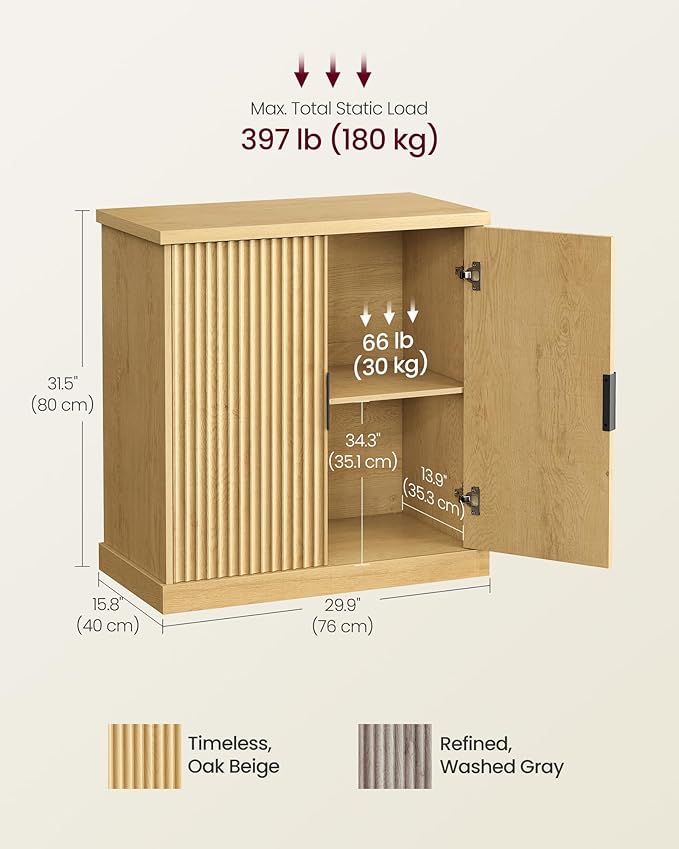 VASAGLE MAXE Collection - Buffet Cabinet Set of 3, Fluted Console Cabinet, Sideboard with Adjustable Shelf, Mid Century Modern Buffet Table, 15.8 x 29.9 x 31.5 Inches, Oak Beige UZH2507023