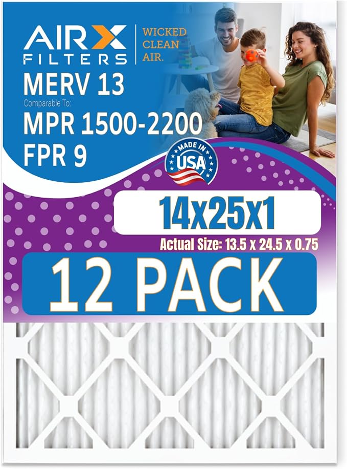 14x25x1 Air Filter MERV 13 Rating, 12 Pack of Furnace Filters Comparable to MPR