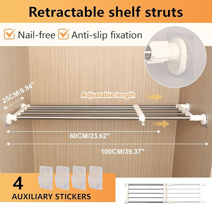 BAOYOUNI Tension Closet Shelf, Adjustable Storage Rack Separator Wardrobe Cupboard Divider Organizer Rod for Kitchen Bathroom Bedroom, 23.62-39.37 Inch