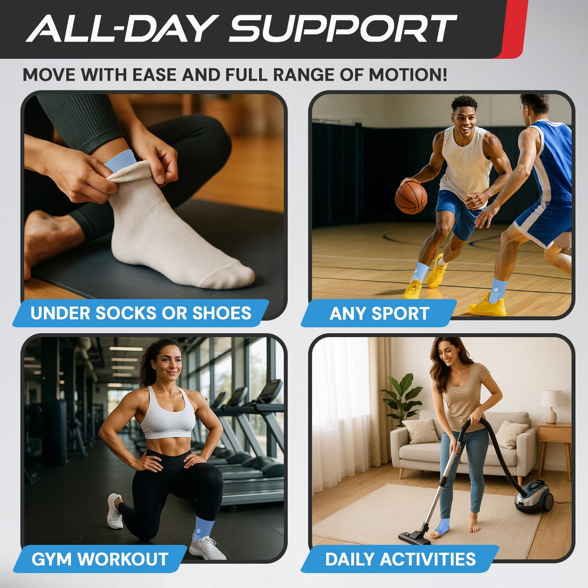Sleeve Stars Ankle Brace for Women & Men, Ankle Wrap for Sprain, Compression Sleeve for Plantar Fasciitis Relief, Easy Customizable Support: w/ Removable Strap (Single/M:10"-12"/Light Blue)