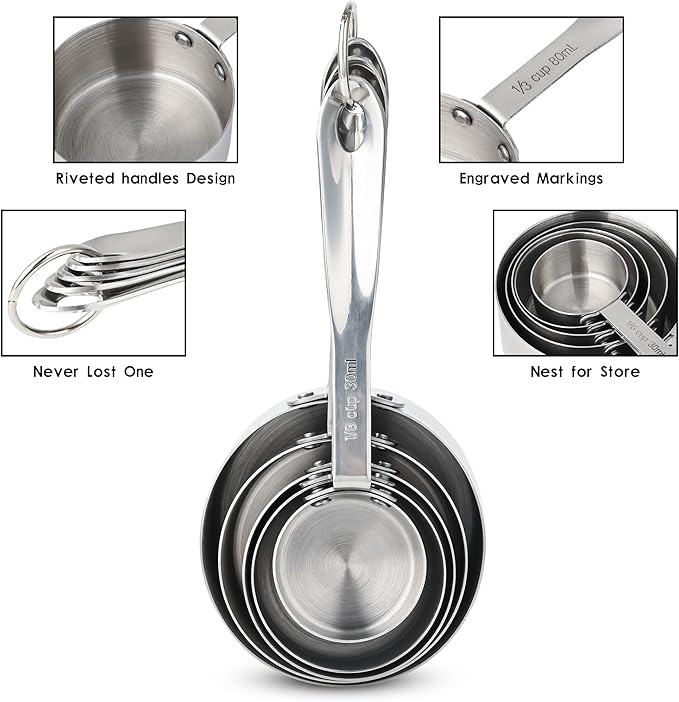 Nstezrne Stainless Steel Measuring Cups and Spoons Set of 12, 5 Dry Measuring Cups and 6 Measuring Spoons With Leveler for Kitchen