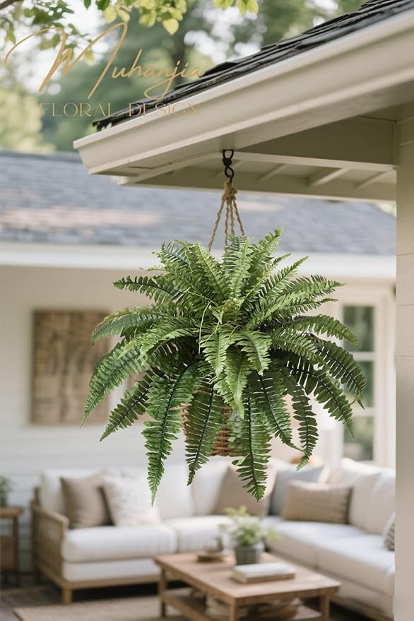 37" Silky Artificial Boston Fern Bush,Set of 2, Fake Fern Large Hanging Plant That Look Real for Outdoors Home Decor,46Branches. (37" 2pcs46Fronds)
