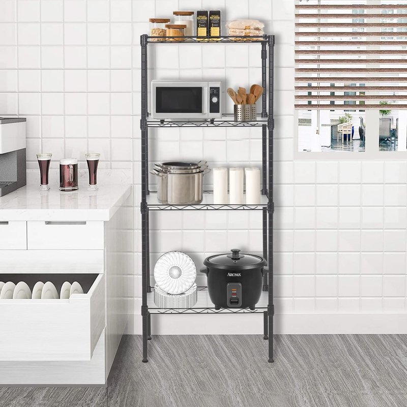 FDW 18L x 12W x 44H Wire Shelves Metal Shelf with 4 PP Sheets Storage Shelves 4 Tier Layer Storage Shelves for Laundry Bathroom Kitchen Garage,Black