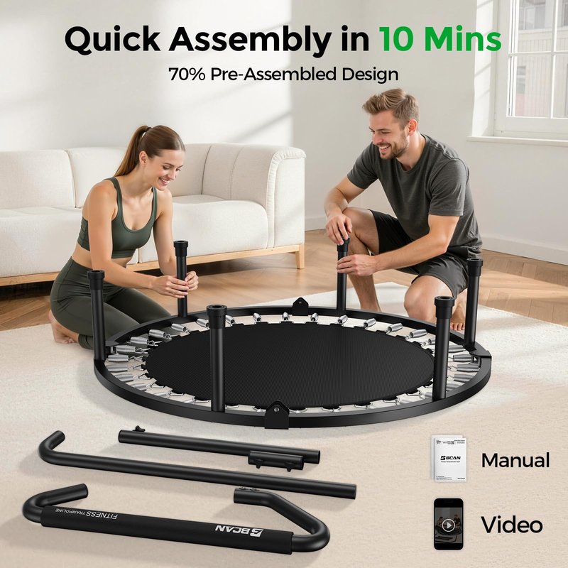 BCAN 40"/38" Foldable Mini Trampoline, Rebounder Trampoline for Adults, U/T Adjustable Foam Handle, Exercise Rebounder for Adults Indoor/Garden Workout, Max Load 330lbs/440lbs-40IN-T-Handle-Green