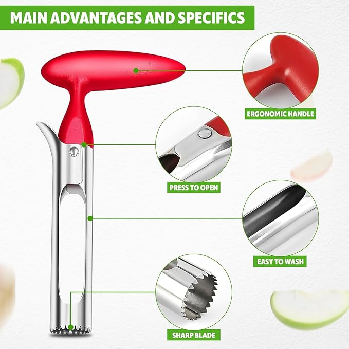 Apple Corer Tool for Big and Small Apples, Stainless Steel (Red)