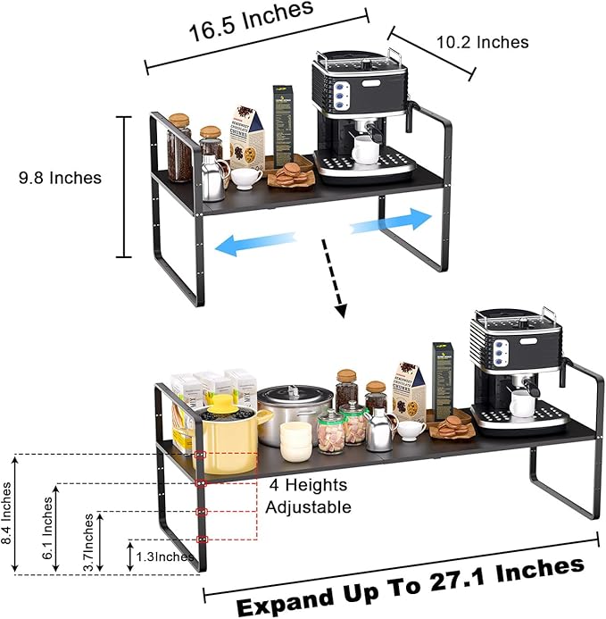 GEDLIRE Expandable Kitchen Cabinet Shelf Organizers 2 Pack, Stackable Metal Pantry Storage Shelves Rack, Adjustable Counter Shelf for Cabinets, Countertop, Cupboard Organizers and Storage, Black