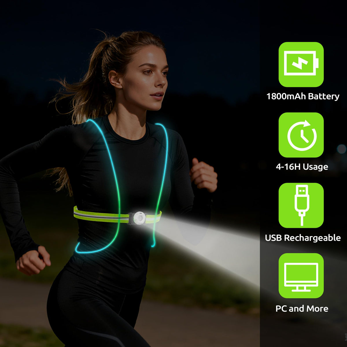 LED Reflective Running Vest Lights for Runners, Running Lights with Front Light, Safety USB Rechargeable Reflective Night Lights For Men/Women Running Walking Cycling, Three Light Modes with 7 Colors