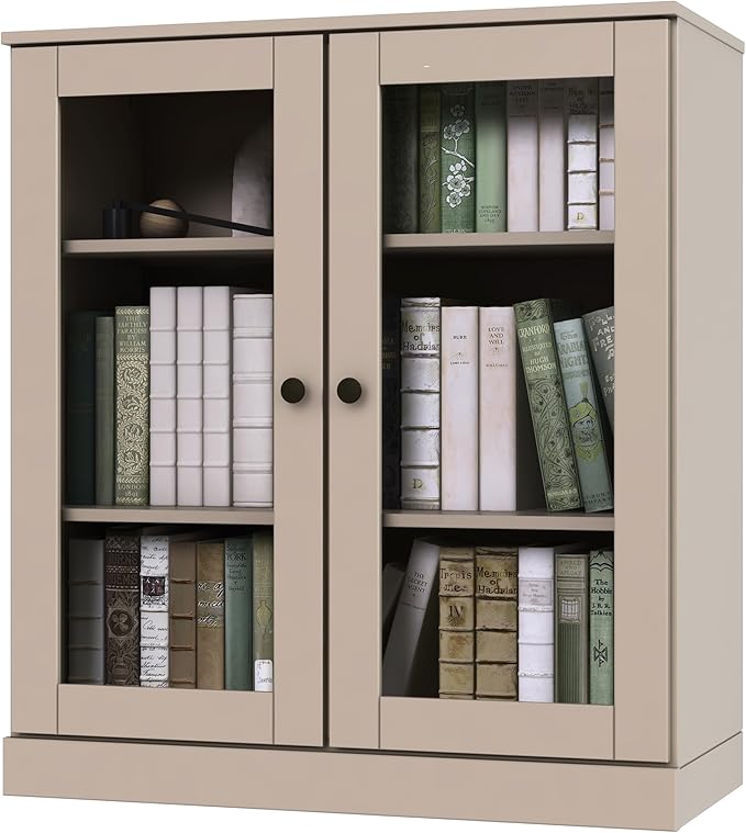 Palace Imports Solid Wood Bookcase - Floor Standing Bookshelf - 32” W - Display Furniture, Renewable 100% Eco-Friendly Wood, Made in Brazil (Beige, Clear Glass Doors | 3-Shelf Short Bookcase)