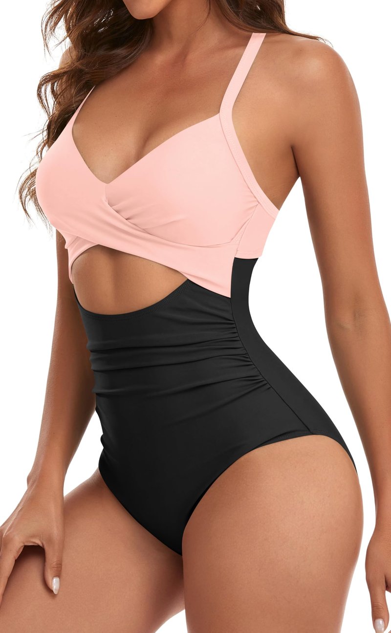 Eomenie Women's One Piece Swimsuits Tummy Control Cutout High Waisted Bathing Suit Wrap Tie Back 1 Piece Swimsuit Black Pink