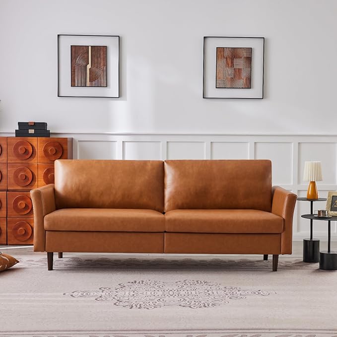 Kingfun Faux Leather 3 Seat Couch for Living Room, Mid Century Modern Sofa with Rolled Arms and Deep Seats, Fluffy Comfort for Apartment, Easy to Assemble, Mid Brown 80inch