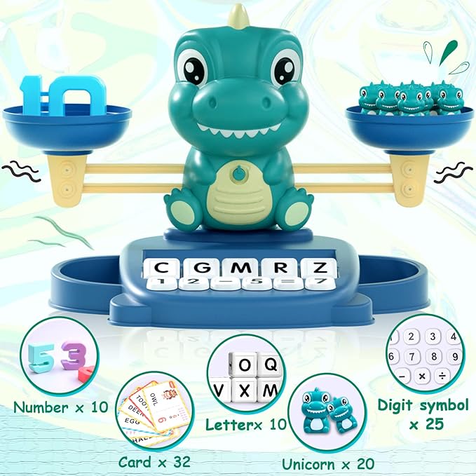 Dinosaur Math Balance Toy for Boys and Girls - Montessori Matching Letter Toy for Kids 3 Year Olds, Educational Kindergarten Preschool Early Learning, Birthday Gift for 4 5 6 7 Years Old