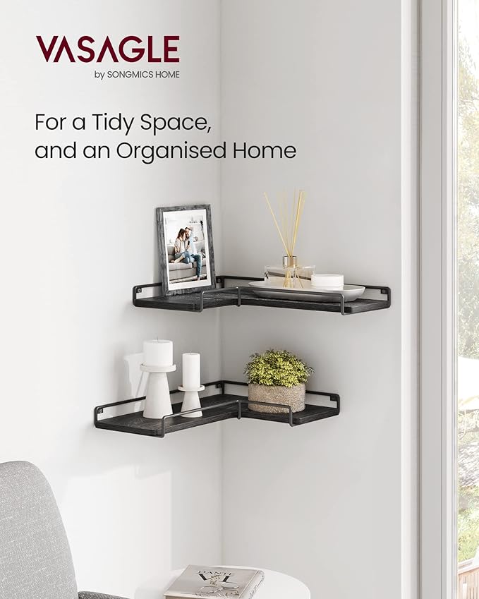 VASAGLE Corner Shelf Wall Mount Set of 2, Corner Floating Shelves, Small Corner Wall Shelf for Decor Storage, for Living Room Bedroom Kitchen Bathroom, Black ULLS831B22