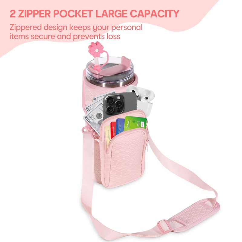 &And Per Se Water Bottle Shoulder Bag for Women, Neoprene Carrier with Phone Pocket & Pink Charm, Adjustable Crossbody Strap Fits Stanley 30oz Tumblers, Gift for Her (Pink)