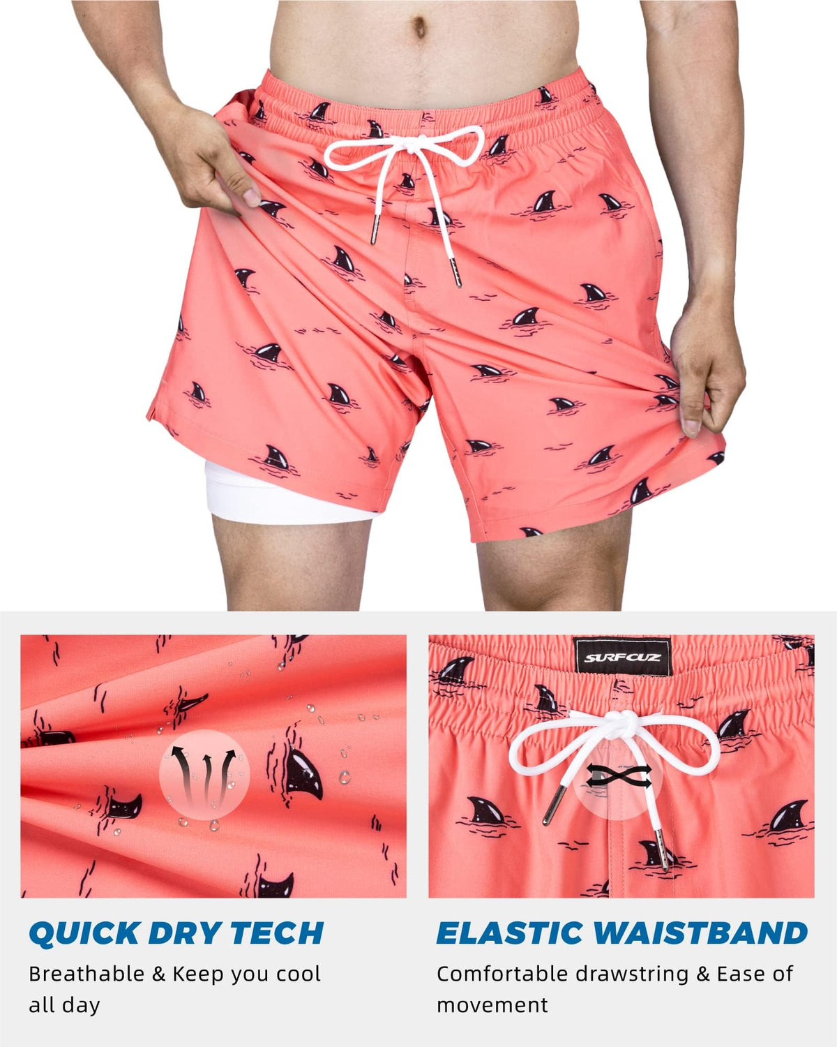 SURF CUZ Mens Swim Trunks with Compression Liner Quick Dry Swim Shorts 7" Swimming Trunks Stretch Zipper Pockets Pink Hidden Sharks Medium
