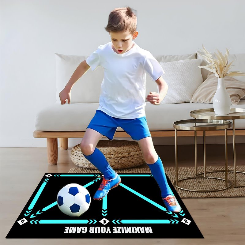 ECENUR Football Footstep Training Mat, Soccer Training Mat 35 * 24IN, Soccer Skills Training Equipment with Storage Bag and Soccer Return Trainer Net (Black-Blue)