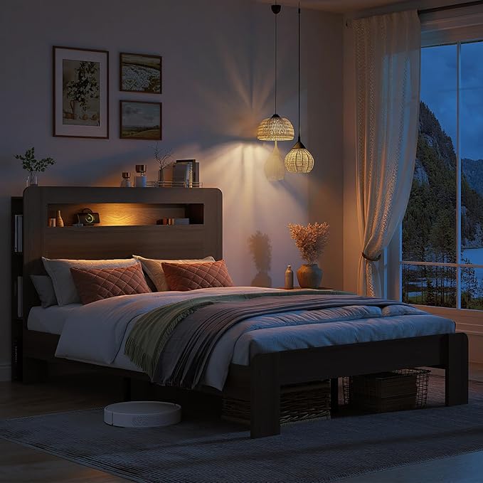 Wooden Bed Frame Full Size with Storage Headboard - Farmhouse Platform Bed Frame with Bookcase Shelf & Led Lights, Sturdy Wood Slat Framework Bed Frame (Light Brown LED)
