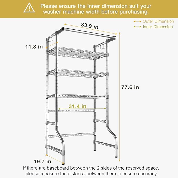 Ulif U11 Over Washer and Dryer Shelves, 3 Tiers Laundry Room Storage and Organizer Standing Shelf, Metal Freestanding Clothes Drying Rack, 33.9" W x 19.7" D x 77.6" H, Chrome
