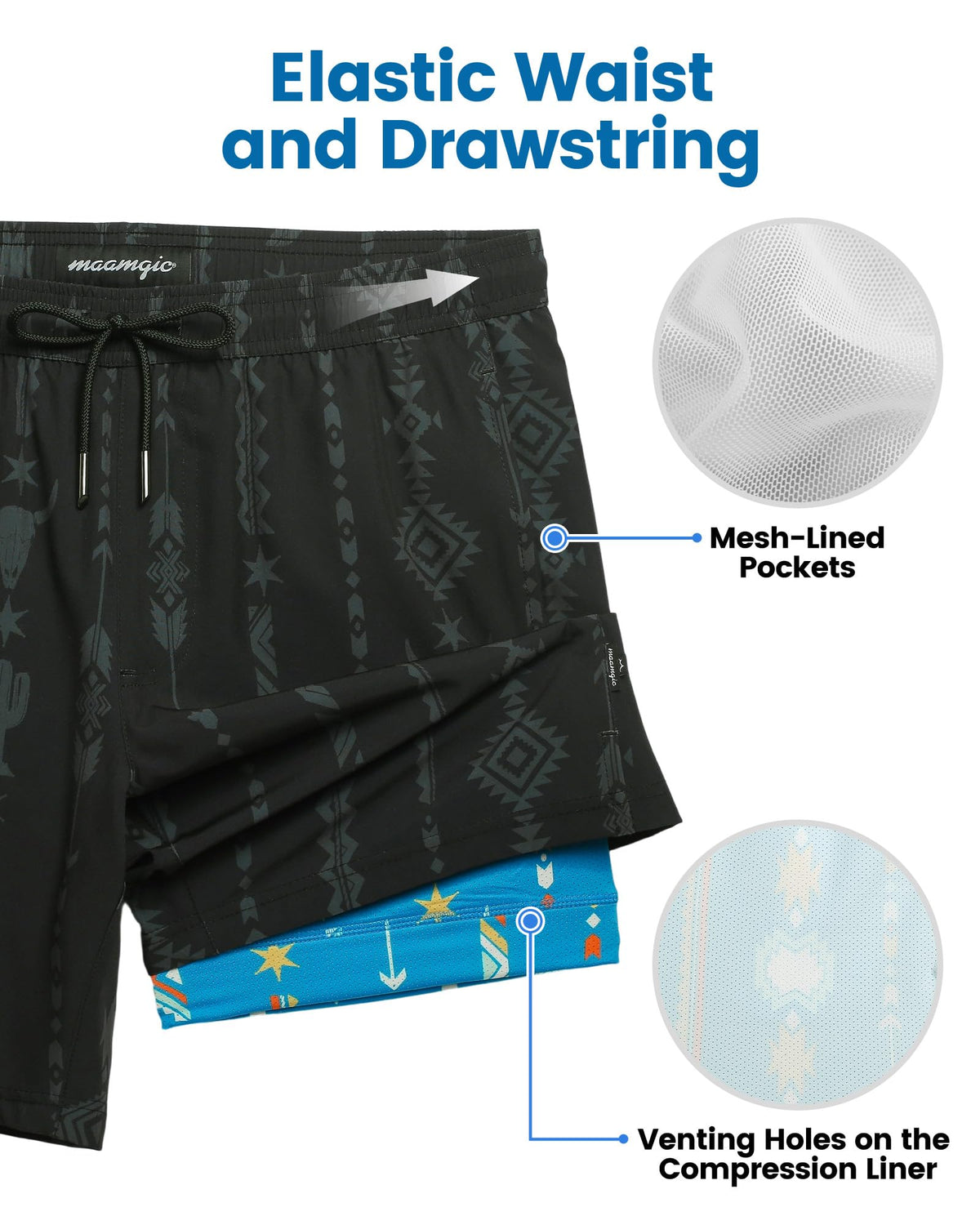 maamgic Mens Swim Trunks with Compression Liner 7 Inch Inseam Mens Bathing Suit Quick Dry Swimming Trunks Swimsuit Folk Pattern Black and Blue Medium