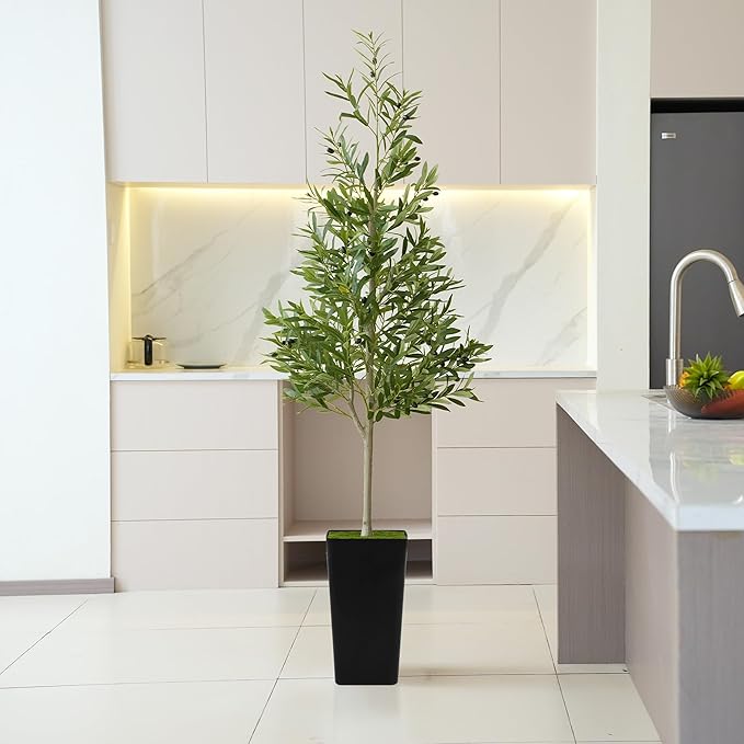 PeoDeco Artificial Faux Olive Tree 6ft Tall Realistic Fake Floor Green Silk House Potted Plants Large for Bedroom Living Room Home Office Decor Indoor Outdoor with Pot